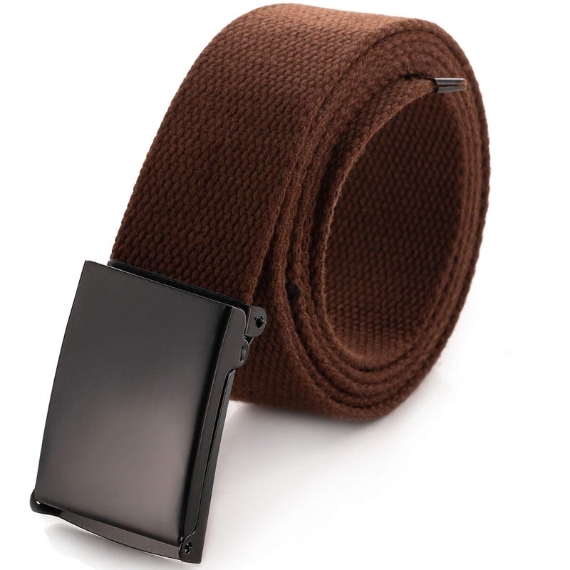 Mile High Life Cut To Fit Canvas Web Belt Size Up to 52" with Flip-Top Solid Black Military Buckle (Brown) - Image 1